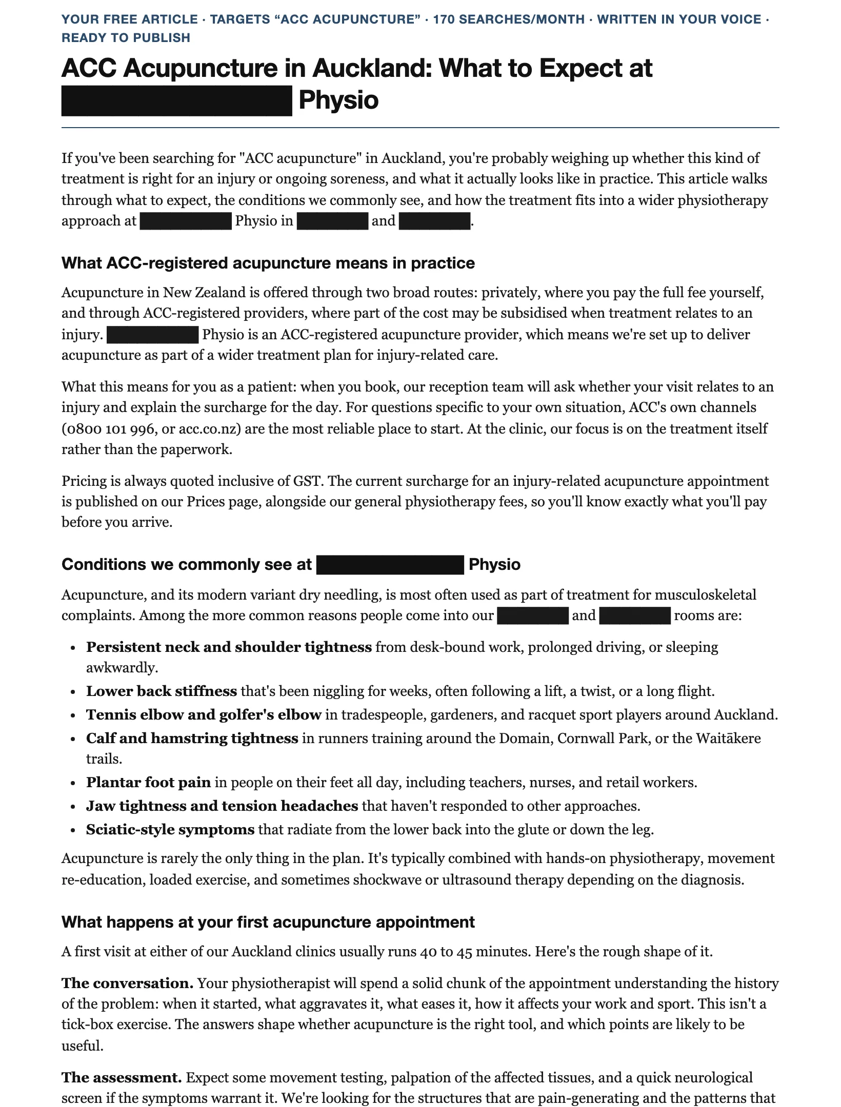 Page of a YakkaDesk SEO opportunity report: a complete ready-to-publish article written for the business